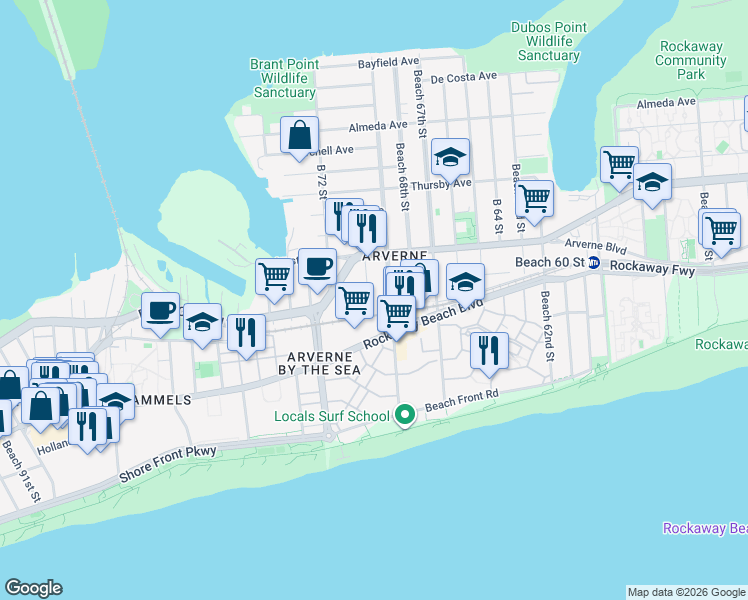 map of restaurants, bars, coffee shops, grocery stores, and more near 325 Beach 69th Street in Queens