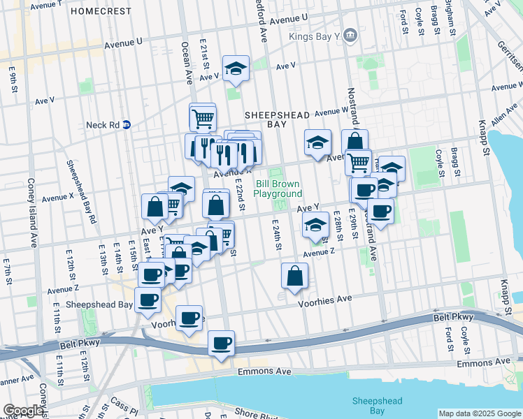 map of restaurants, bars, coffee shops, grocery stores, and more near 2464 East 23rd Street in Brooklyn