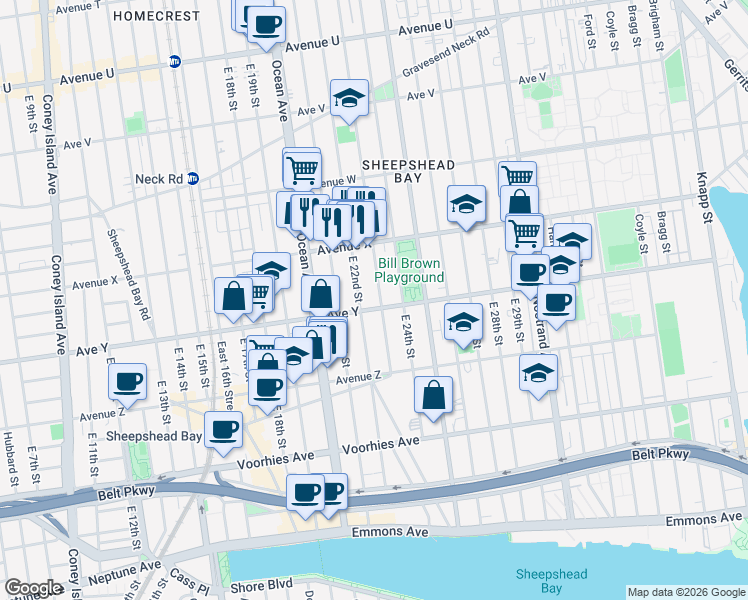 map of restaurants, bars, coffee shops, grocery stores, and more near 2464 East 23rd Street in Brooklyn
