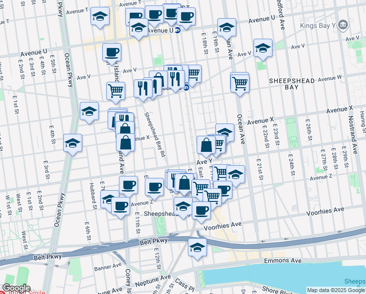 map of restaurants, bars, coffee shops, grocery stores, and more near 2431 East 14th Street in Brooklyn