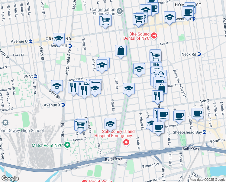 map of restaurants, bars, coffee shops, grocery stores, and more near 2399 East 4th Street in Brooklyn