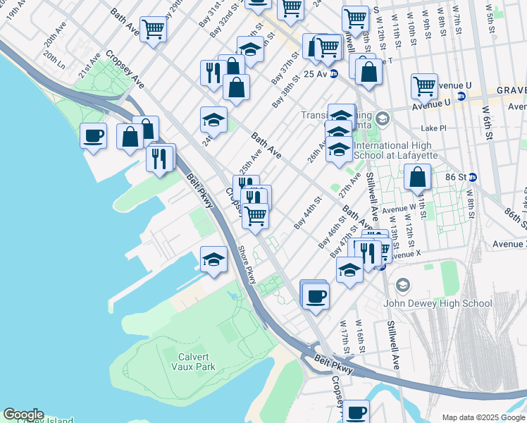 map of restaurants, bars, coffee shops, grocery stores, and more near 2570 Harway Avenue in Brooklyn