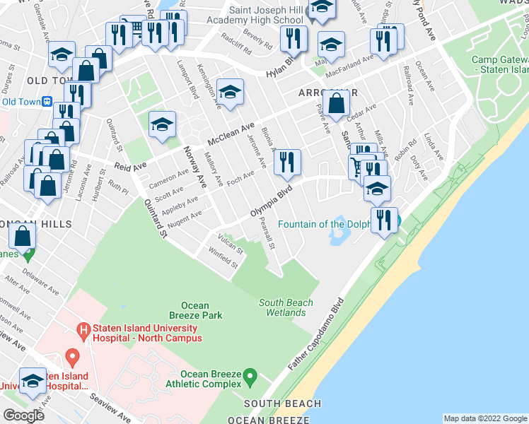 map of restaurants, bars, coffee shops, grocery stores, and more near 187 Olympia Boulevard in Staten Island