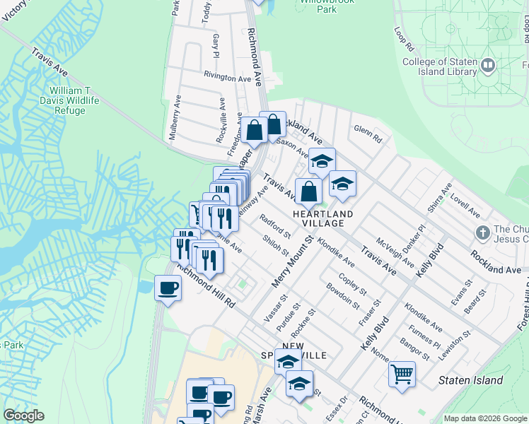 map of restaurants, bars, coffee shops, grocery stores, and more near 787 Klondike Avenue in Staten Island