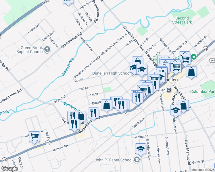 map of restaurants, bars, coffee shops, grocery stores, and more near 611 2nd Street in Dunellen