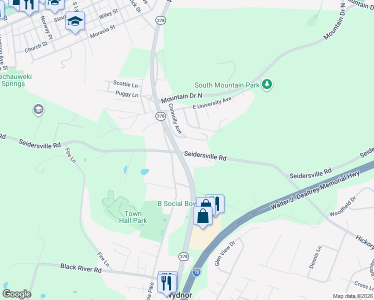 map of restaurants, bars, coffee shops, grocery stores, and more near 1295 Seidersville Road in Bethlehem