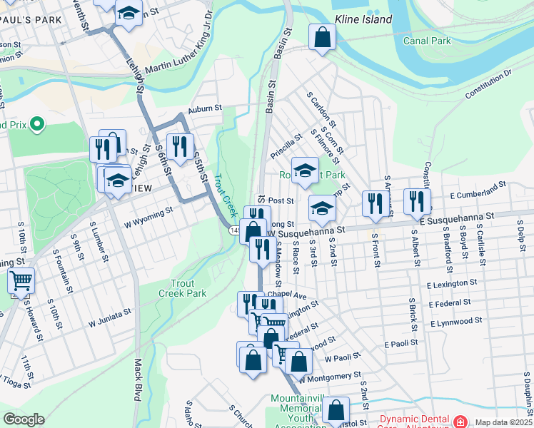 map of restaurants, bars, coffee shops, grocery stores, and more near 1010 South Meadow Street in Allentown