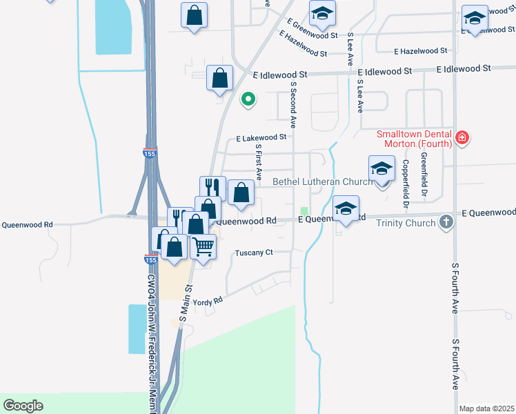 map of restaurants, bars, coffee shops, grocery stores, and more near 161 East Queenwood Road in Morton