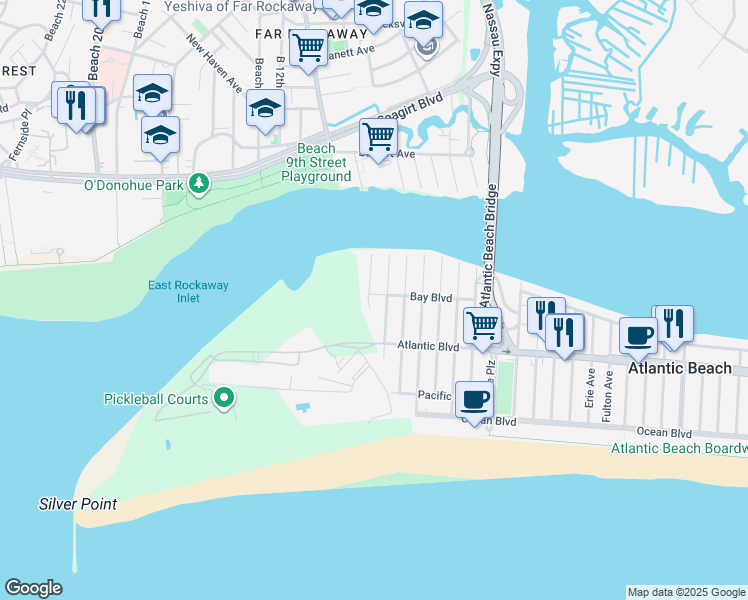 map of restaurants, bars, coffee shops, grocery stores, and more near 2150 Bay Boulevard in Atlantic Beach