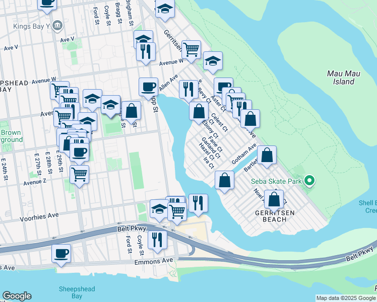 map of restaurants, bars, coffee shops, grocery stores, and more near 45 Joval Court in Brooklyn