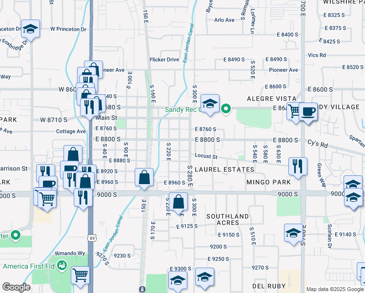 map of restaurants, bars, coffee shops, grocery stores, and more near 8823 South 250 East in Sandy