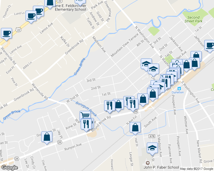 map of restaurants, bars, coffee shops, grocery stores, and more near 740 2nd Street in Dunellen