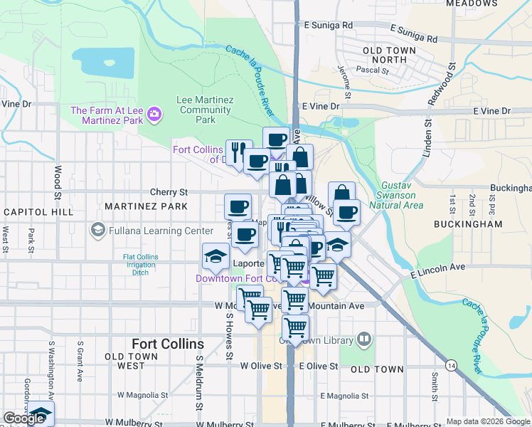 map of restaurants, bars, coffee shops, grocery stores, and more near in Fort Collins