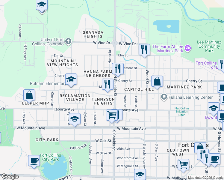 map of restaurants, bars, coffee shops, grocery stores, and more near 309 North Shields Street in Fort Collins