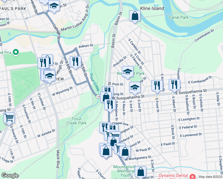 map of restaurants, bars, coffee shops, grocery stores, and more near 1010 South Meadow Street in Allentown