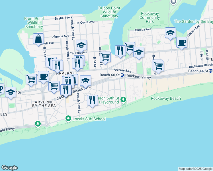 map of restaurants, bars, coffee shops, grocery stores, and more near 188 Beach 62nd Street in Queens