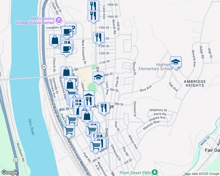 map of restaurants, bars, coffee shops, grocery stores, and more near 907 Lenz Avenue in Ambridge
