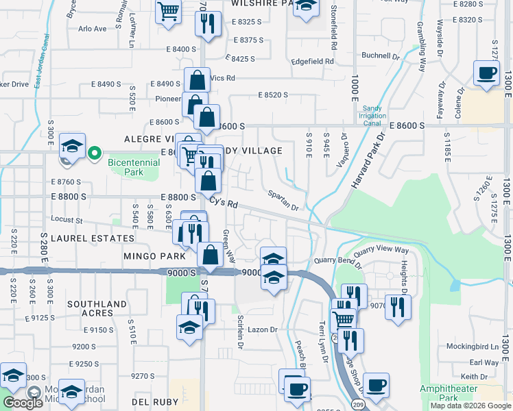 map of restaurants, bars, coffee shops, grocery stores, and more near 812 East Spartan Drive in Sandy