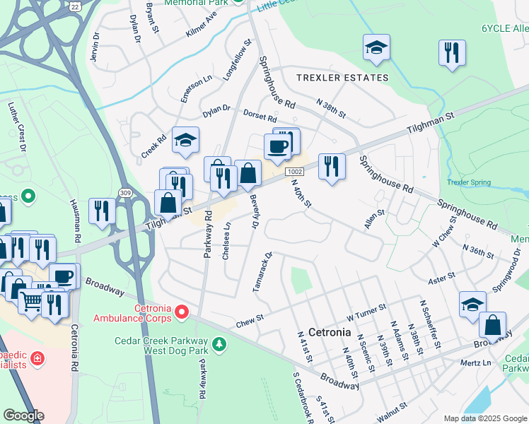 map of restaurants, bars, coffee shops, grocery stores, and more near 663 Beverly Drive in Allentown