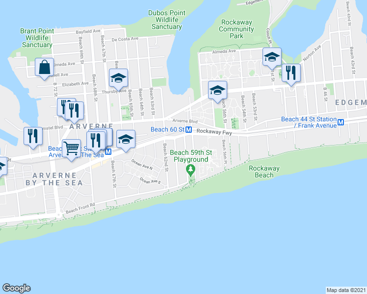 map of restaurants, bars, coffee shops, grocery stores, and more near 173 Beach 60th Street in Queens