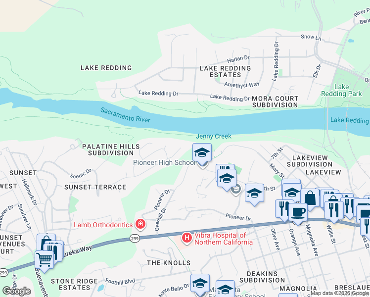 map of restaurants, bars, coffee shops, grocery stores, and more near 413 Arbor Place in Redding
