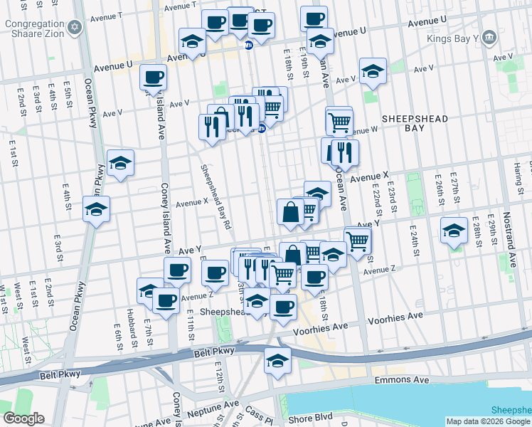 map of restaurants, bars, coffee shops, grocery stores, and more near 2431 East 15th Street in Brooklyn