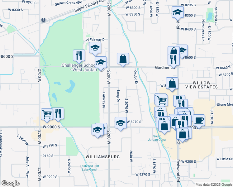 map of restaurants, bars, coffee shops, grocery stores, and more near 8804 South Long Drive in West Jordan