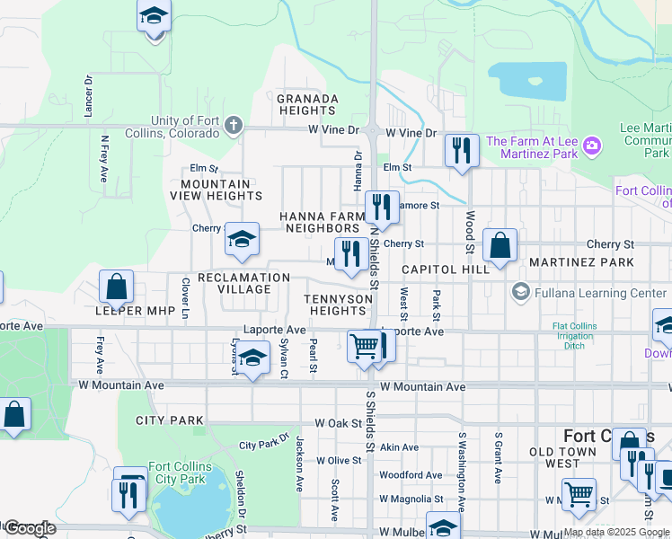 map of restaurants, bars, coffee shops, grocery stores, and more near 1201 Maple Street in Fort Collins