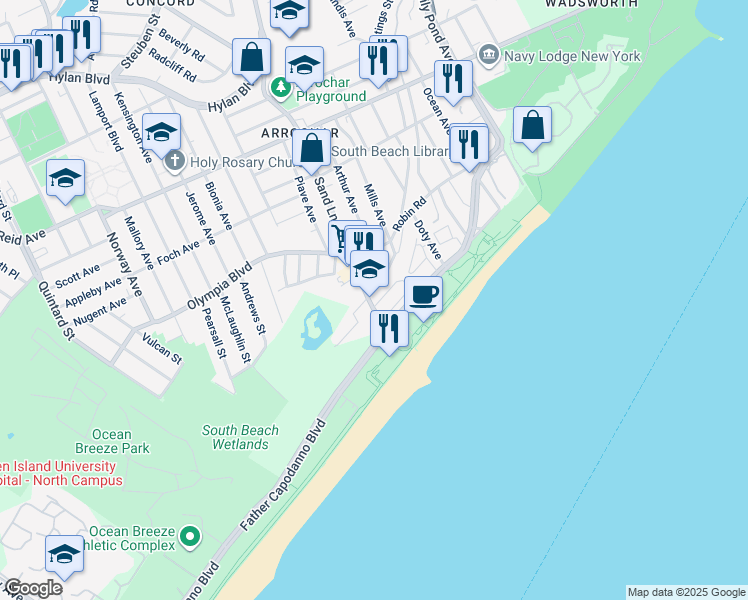 map of restaurants, bars, coffee shops, grocery stores, and more near 78 Oceanside Avenue in Staten Island