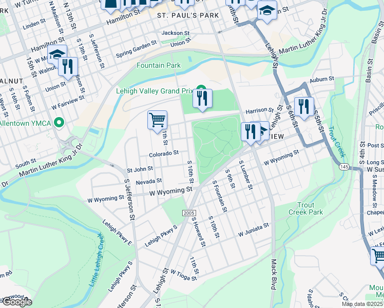 map of restaurants, bars, coffee shops, grocery stores, and more near 823 South Hazel Street in Allentown