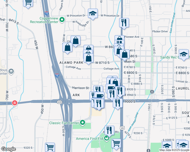 map of restaurants, bars, coffee shops, grocery stores, and more near 8825 Monroe Street in Sandy