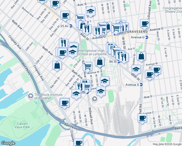map of restaurants, bars, coffee shops, grocery stores, and more near 26 Avenue W in Brooklyn