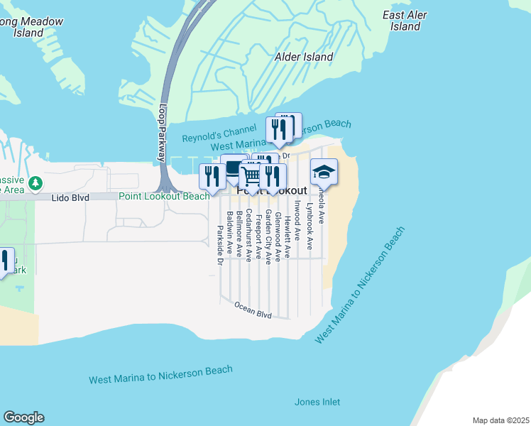 map of restaurants, bars, coffee shops, grocery stores, and more near 55 Garden City Avenue in Point Lookout