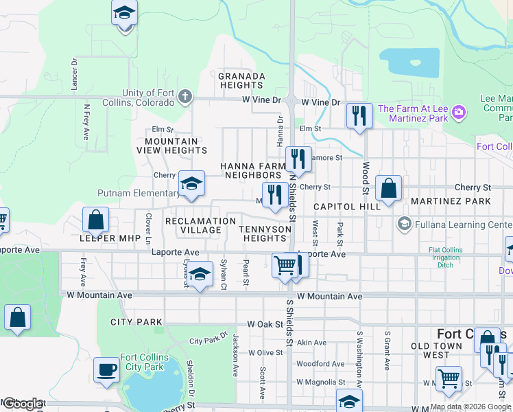 map of restaurants, bars, coffee shops, grocery stores, and more near 1201 Maple Street in Fort Collins