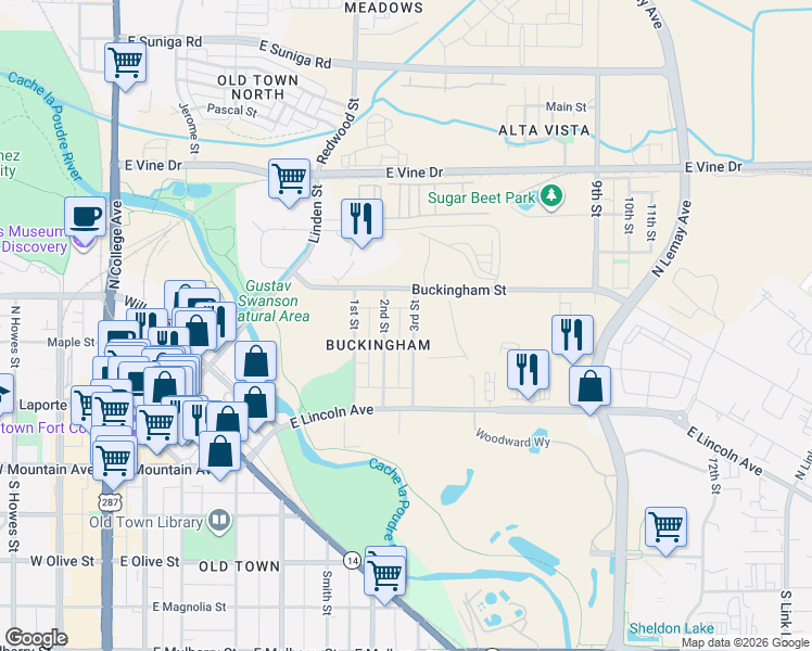 map of restaurants, bars, coffee shops, grocery stores, and more near 223 3rd Street in Fort Collins
