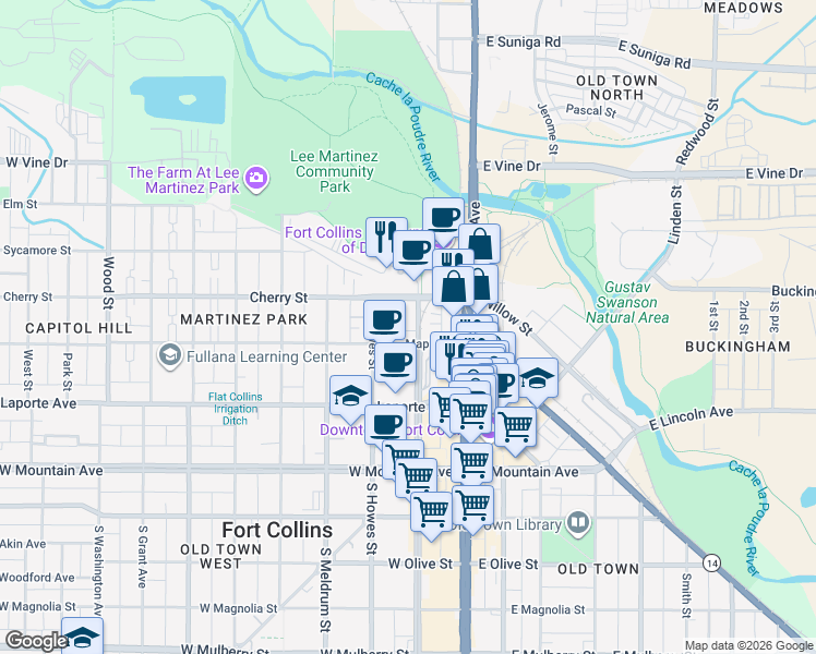 map of restaurants, bars, coffee shops, grocery stores, and more near 209 Cherry Lane in Fort Collins