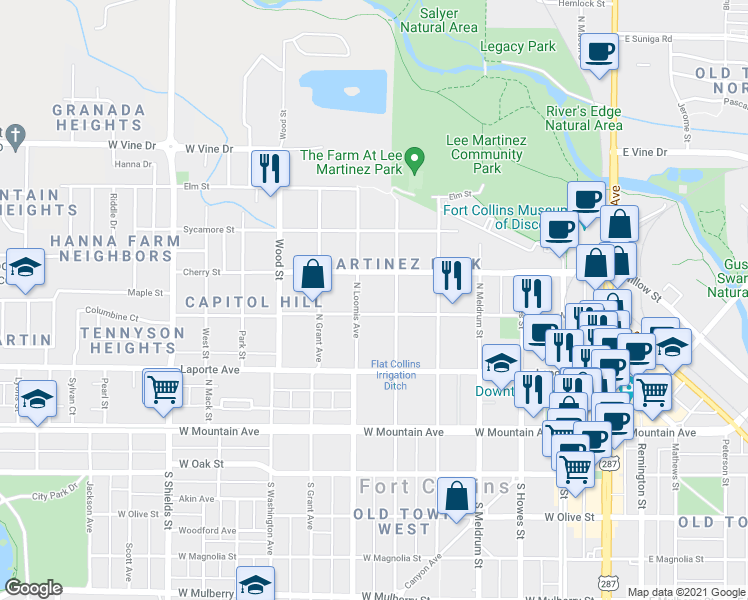 map of restaurants, bars, coffee shops, grocery stores, and more near 614 Maple Street in Fort Collins