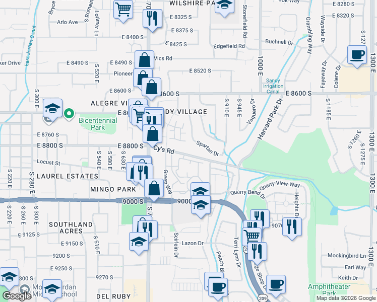 map of restaurants, bars, coffee shops, grocery stores, and more near 812 East Spartan Drive in Sandy