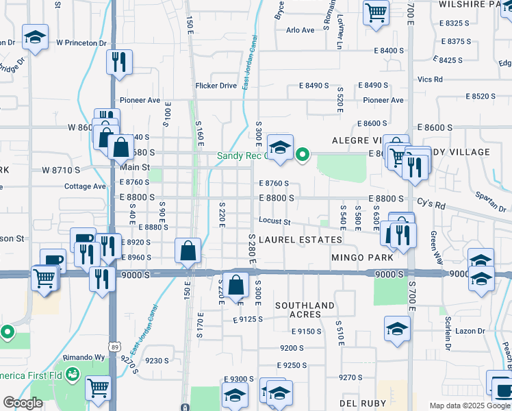 map of restaurants, bars, coffee shops, grocery stores, and more near 8813 South 280 East in Sandy