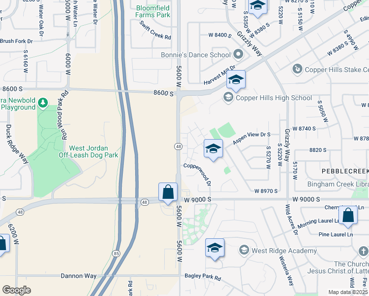 map of restaurants, bars, coffee shops, grocery stores, and more near 5548 Geronimo Way in West Jordan