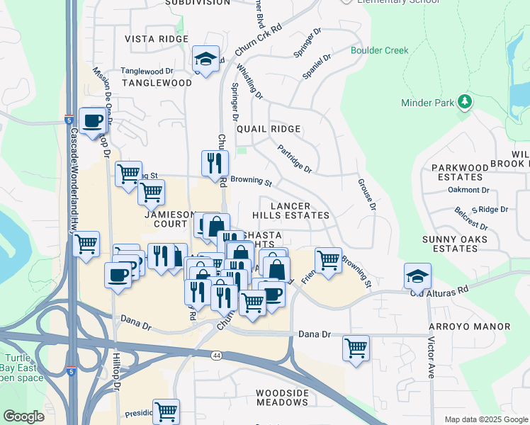 map of restaurants, bars, coffee shops, grocery stores, and more near 1141 Burton Drive in Redding