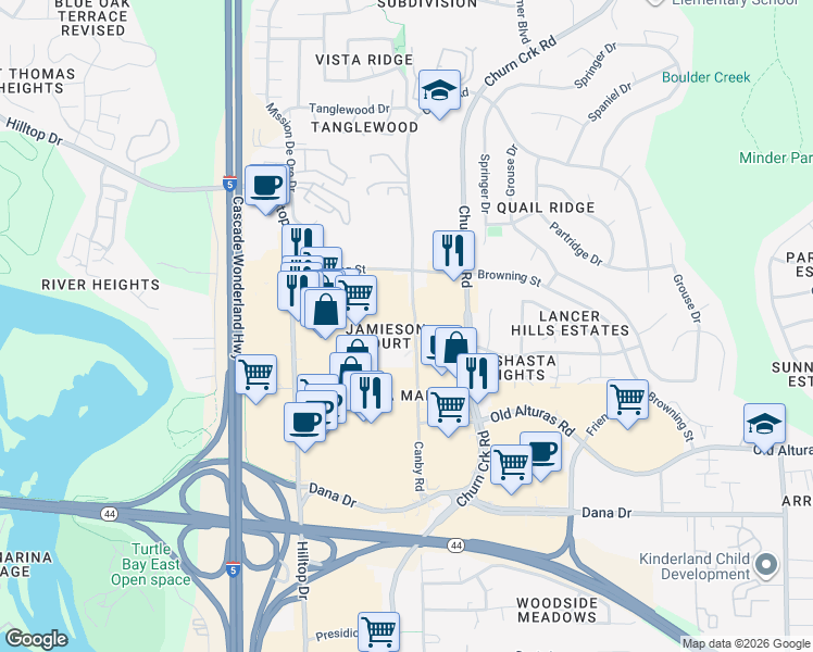 map of restaurants, bars, coffee shops, grocery stores, and more near 980 Jamieson Court in Redding