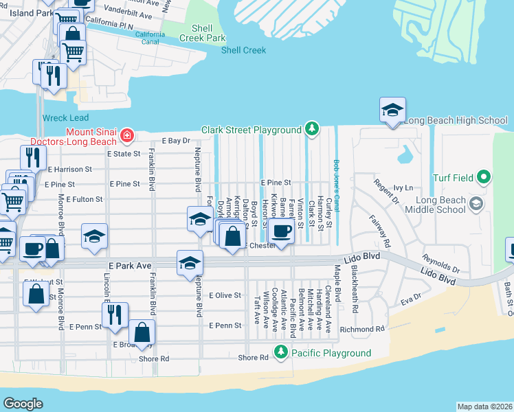 map of restaurants, bars, coffee shops, grocery stores, and more near 38 Heron Street in Long Beach