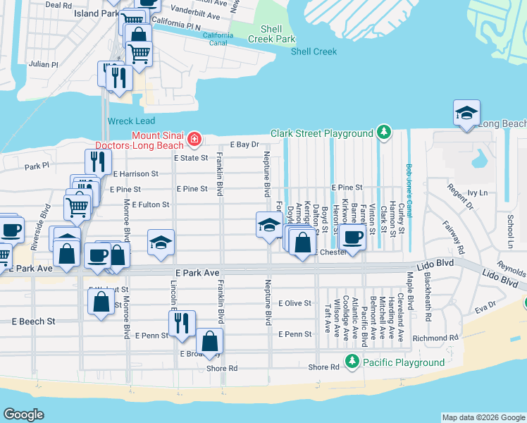 map of restaurants, bars, coffee shops, grocery stores, and more near 580 East Fulton Street in Long Beach