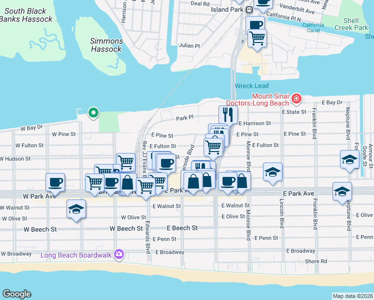 map of restaurants, bars, coffee shops, grocery stores, and more near 567 Riverside Boulevard in Long Beach