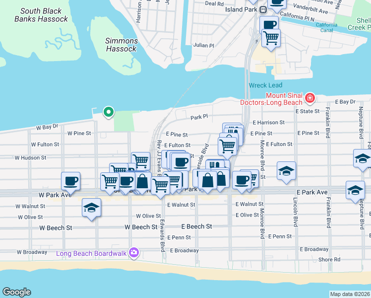 map of restaurants, bars, coffee shops, grocery stores, and more near 60 East Fulton Street in Long Beach