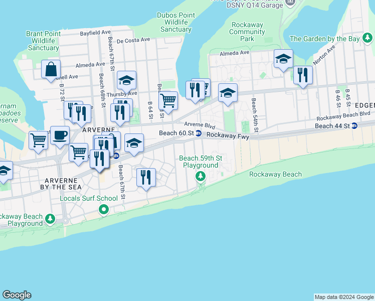 map of restaurants, bars, coffee shops, grocery stores, and more near 1-84 Beach 60th Street in Queens