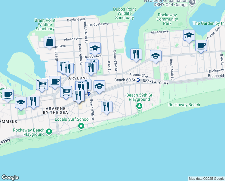 map of restaurants, bars, coffee shops, grocery stores, and more near 191 Sea Grass Lane in Queens