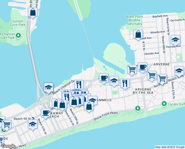 map of restaurants, bars, coffee shops, grocery stores, and more near 84-16 Beach 85th Street in Queens