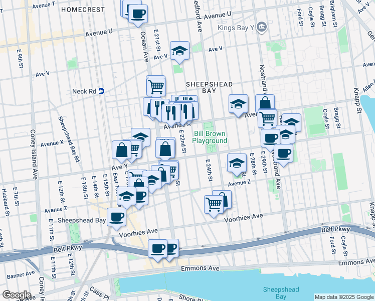 map of restaurants, bars, coffee shops, grocery stores, and more near 2464 East 23rd Street in Brooklyn